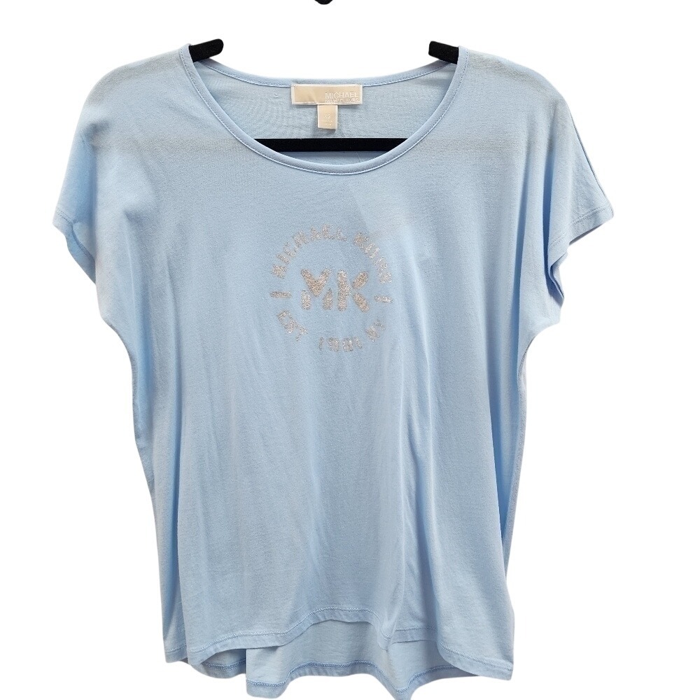NWT Michael Kors Womens Cloud Blue Glitter Logo‎ T-Shirt XS QS75FT771P